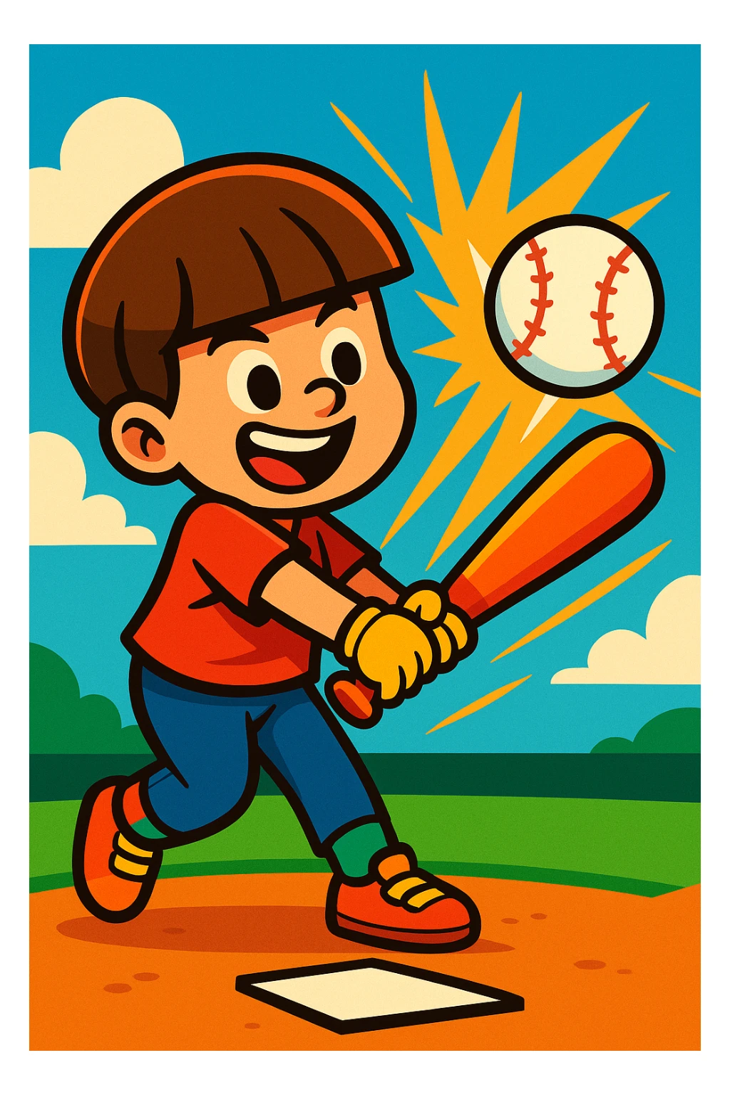 A boy with a bowl cut, swinging a bat and hitting a baseball, home run moment, cheerful, vibrant cartoon style sticker