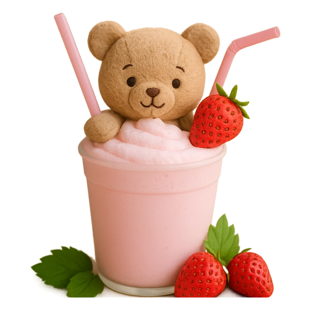 Remove the cherry blossom flowers, keep the strawberry milkshake cup with a straw, cute bear peeking out, two strawberries with green leaves, pastel colors, soft shadows, clean and minimalistic 3D iOS style, with no background. sticker