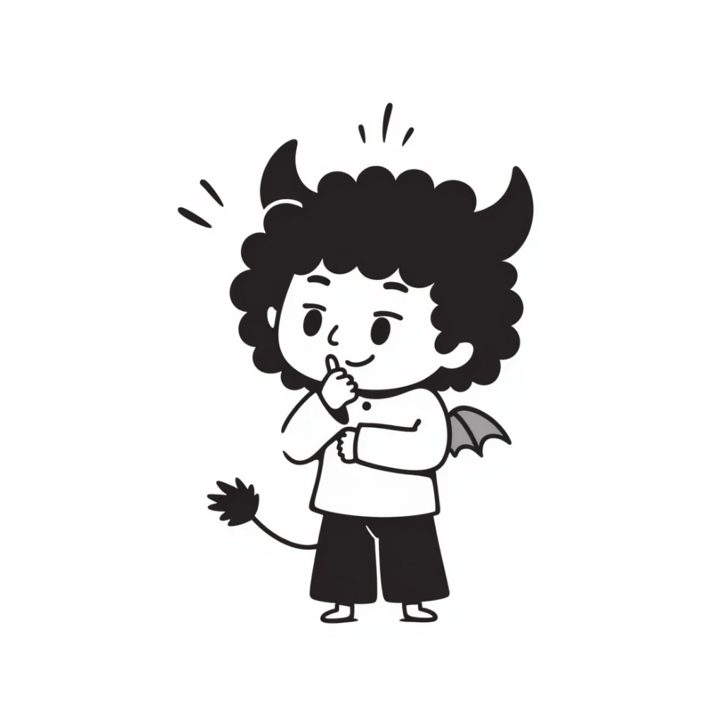 sketched chibi demon with oversized head, tiny fangs, and cute little wings in a playful pose sticker