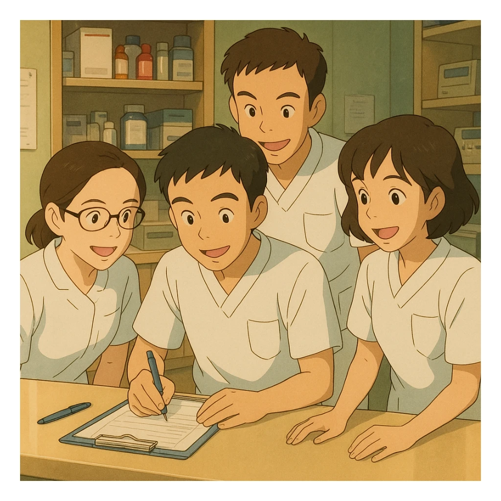 Team scene of four nursing students inspired by photo faces, working together in a care station, Ghibli style. White uniforms, medical tunics with V-neck, left chest pocket, short sleeves, no classic collar, no stethoscopes, no fabric under sleeves. Visible interaction, positive atmosphere. sticker