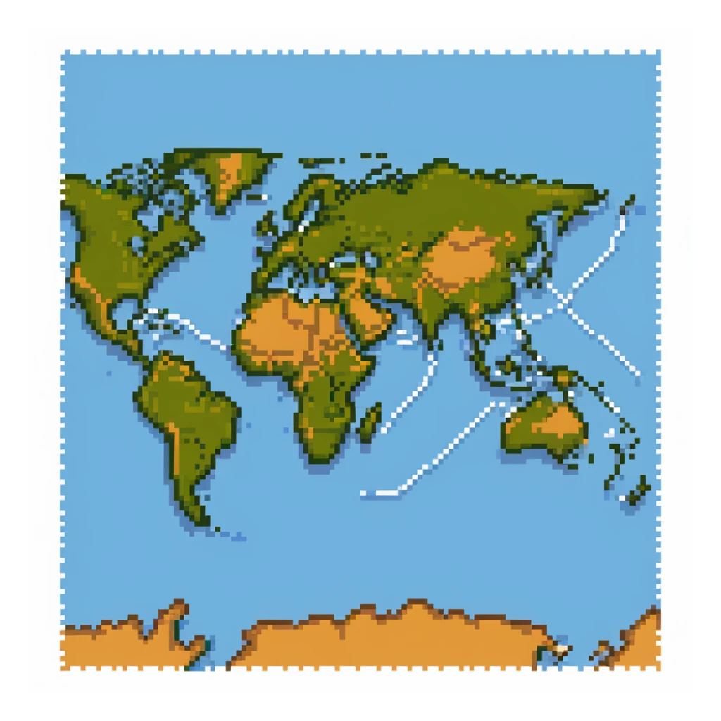 pixel art world map with a dotted route line showing travel path sticker