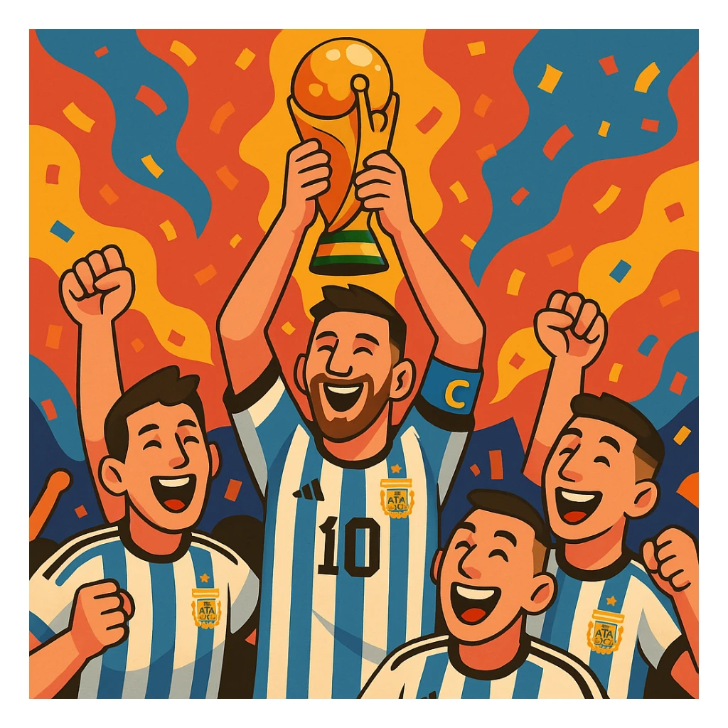 Messi lifting the World Cup above his head, surrounded by teammates, joyful expression sticker