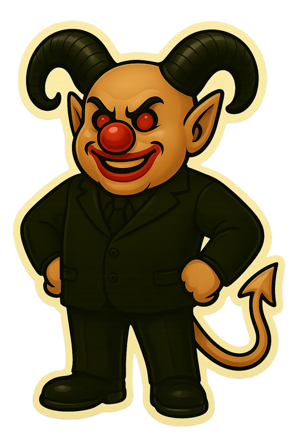 Evil clown wizard in retro sticker style, transparent background, wearing an all black suit, no pentagrams, using the face, horns, and tail from the reference image. Pose: hands on hips, looking proud, clean modern sticker look. sticker
