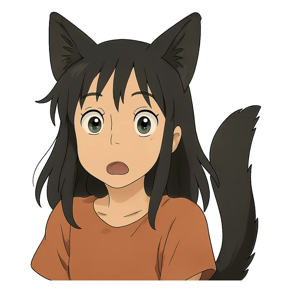 a surprised girl with huge green eyes, black fox ears, and a tail, dark hair sticker