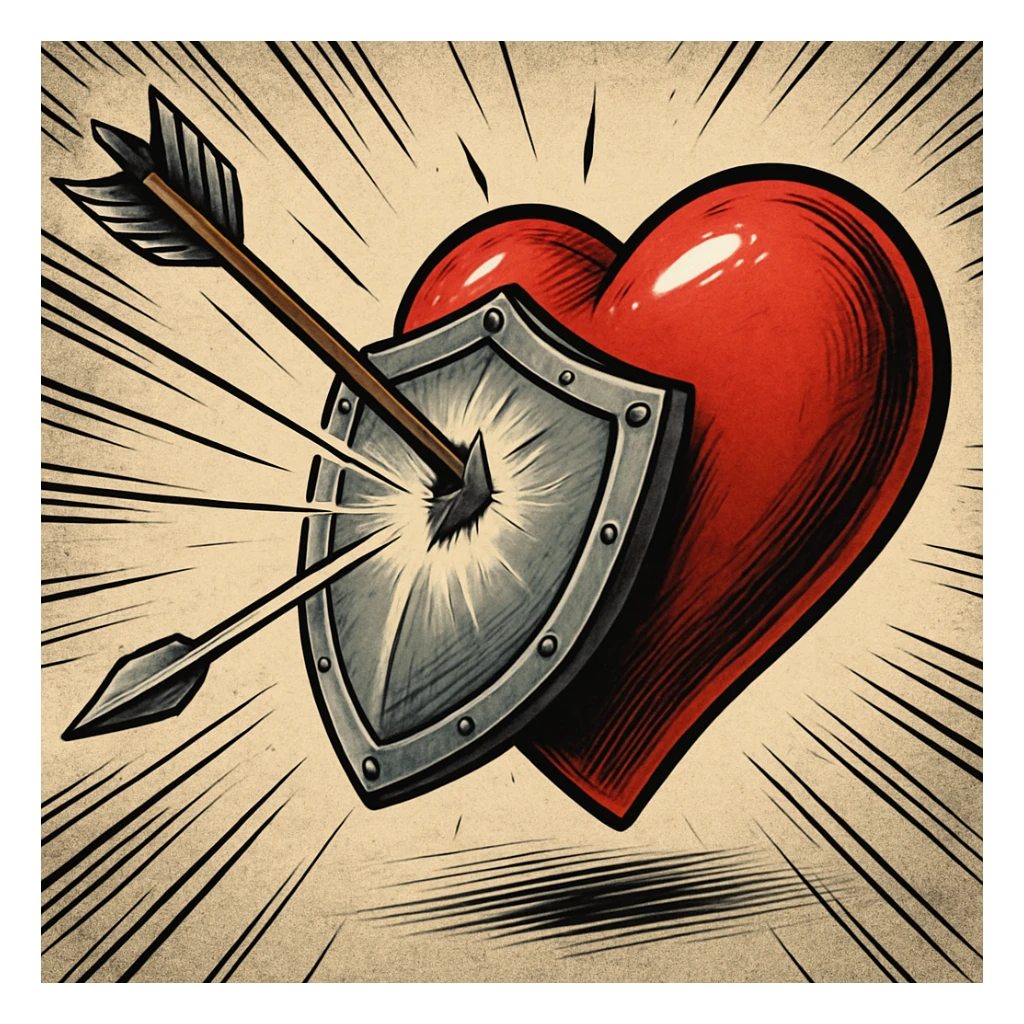 An arrow attempting to pierce a heart, but a shield is protecting the heart, dynamic and expressive composition sticker