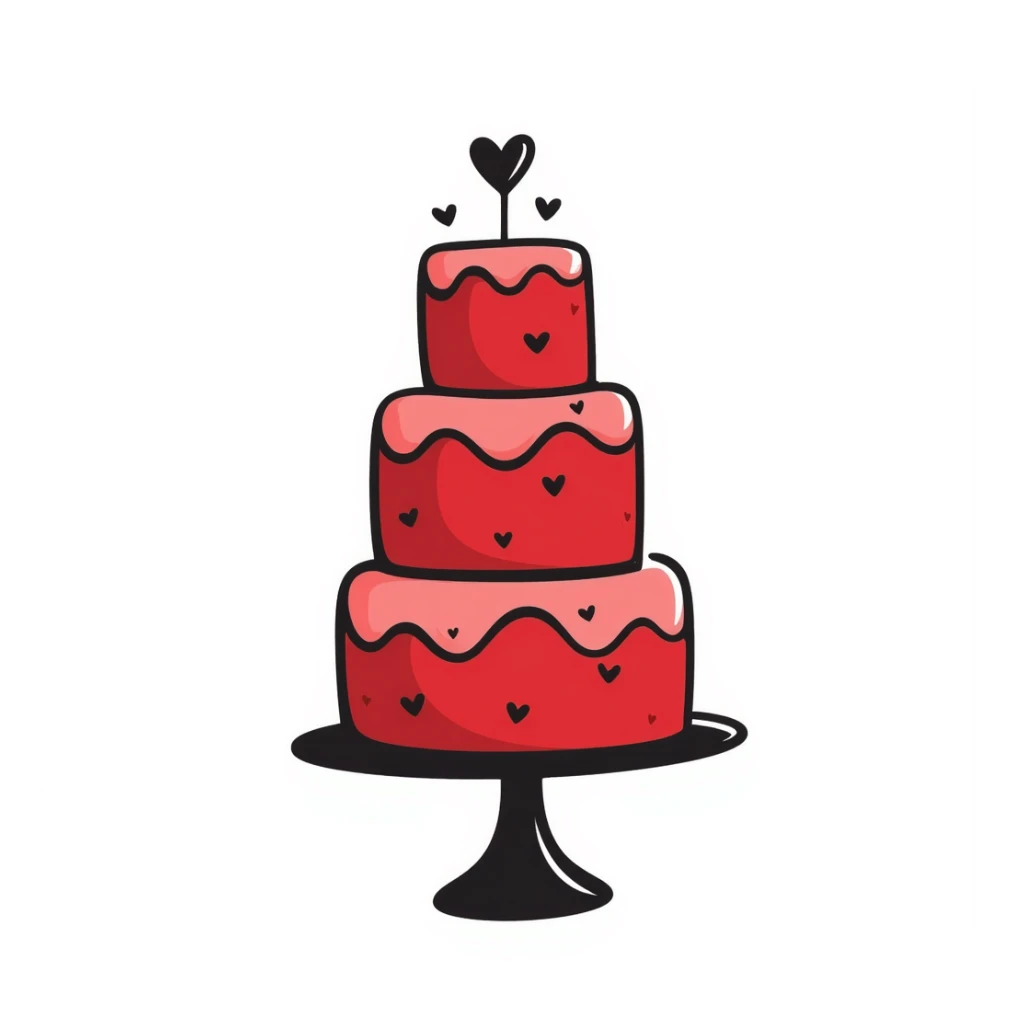 Hand-drawn red wedding cake with decorative layers and small heart details sticker