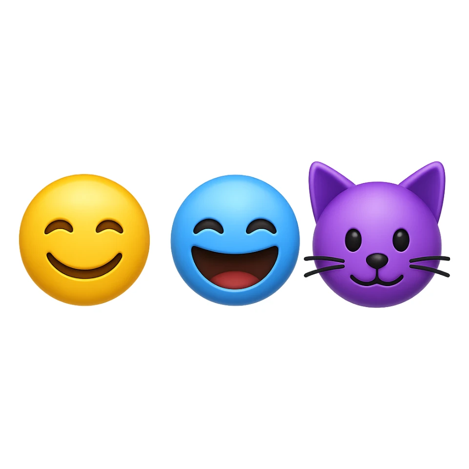 Create a set of 3 different 3D Apple style emojis inspired by the provided image. The emojis should not touch each other on the sides and have spaces between them. The background should be removed, leaving only the emojis visible. sticker