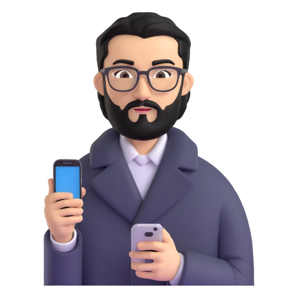 professional man standing, wearing black coat, with medium black beard, black hair neatly combed to one side, connected unibrow, olive tan skin, brown eyes, glasses, prominent nose, holding a smartphone sticker