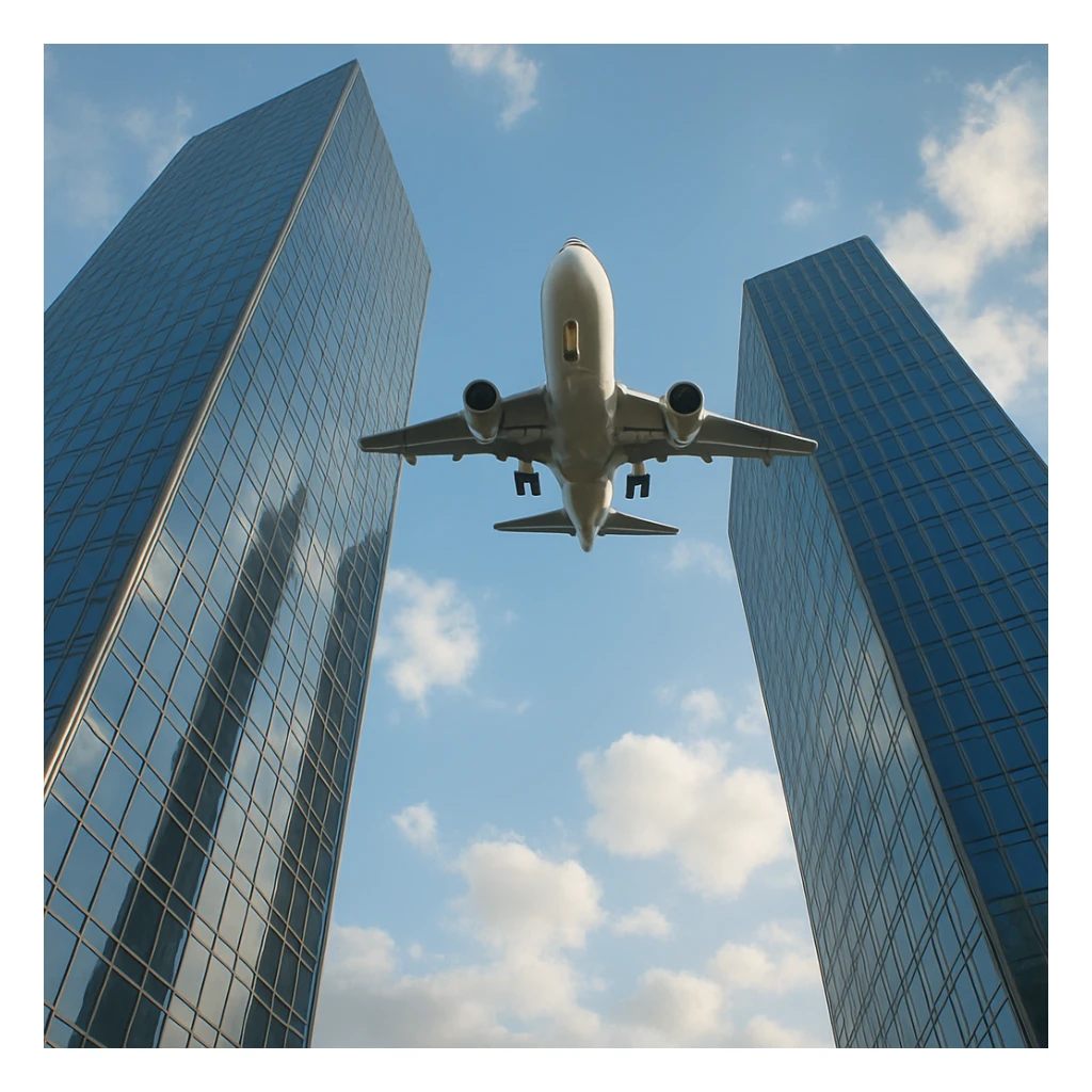 two skyscrapers and a plane that flyes to them, realism style, daytime sticker