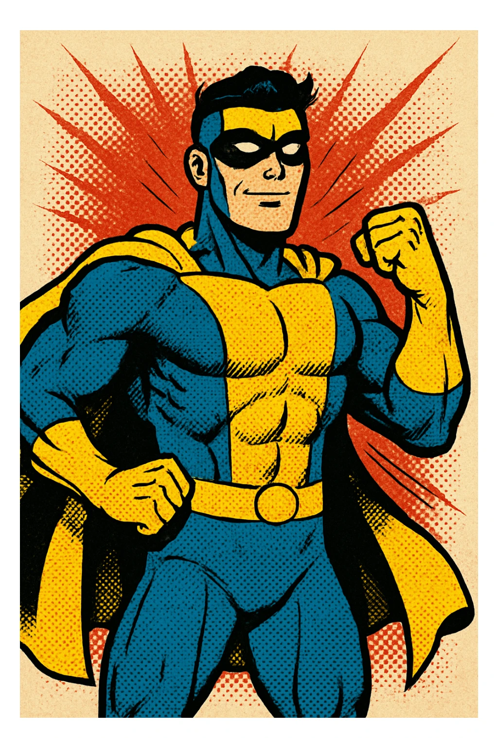 invincible superhero character wearing a blue and yellow suit, confident pose, comic book style sticker