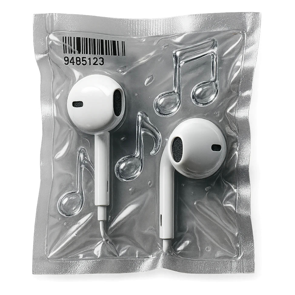 pair of white EarPods with three floating glass music notes in transparent crystal style, shiny and puffy sticker