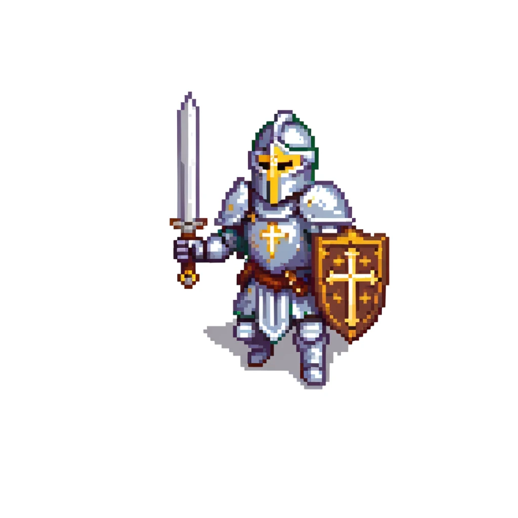 running paladin knight in shining armor with holy symbols and a sword sticker