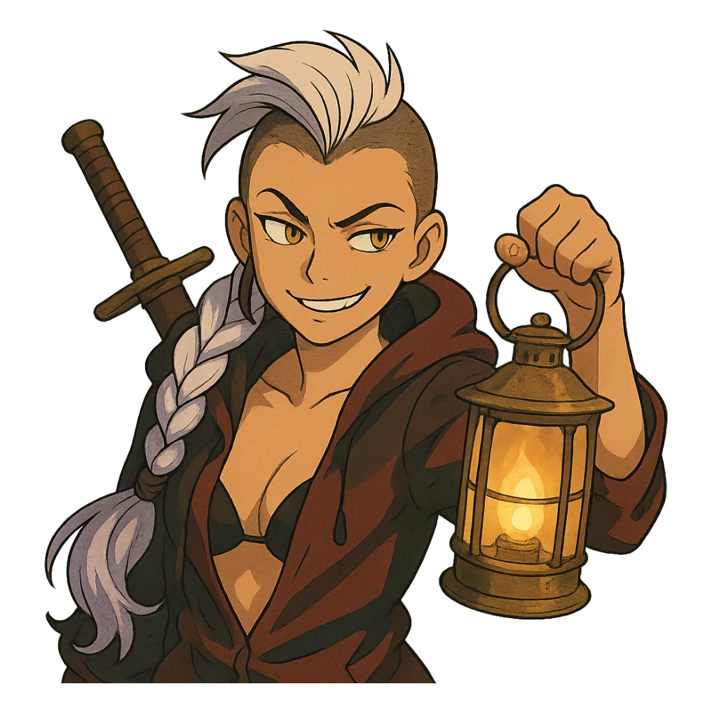 A sword maiden, mohawk, long braid white hair with lavender tips, gold yellow eyes, blood red and black revealing hoodie, brandishing a lantern. Mischievous smirk sticker