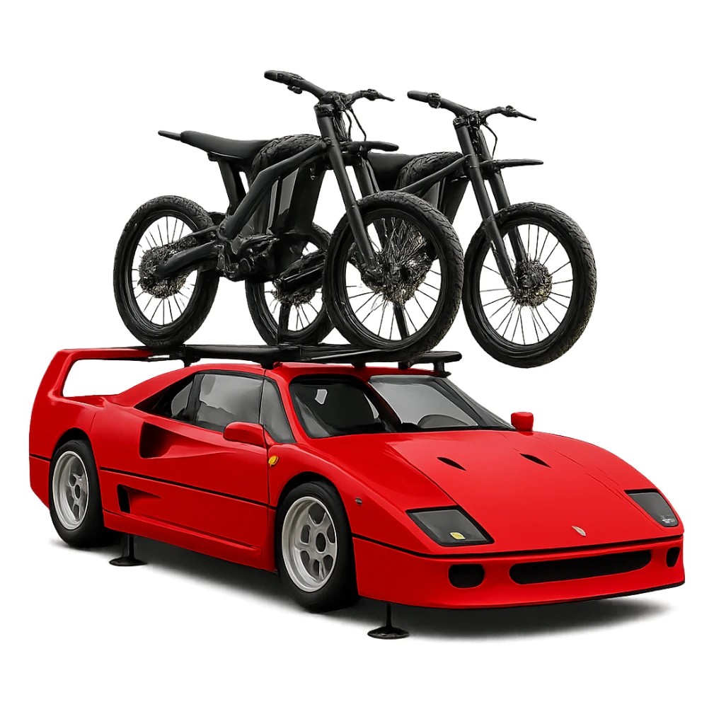 Replace the motorcycle with two Sur-Ron electric bikes mounted on a roof rack on the Ferrari F40. Keep the background transparent. sticker