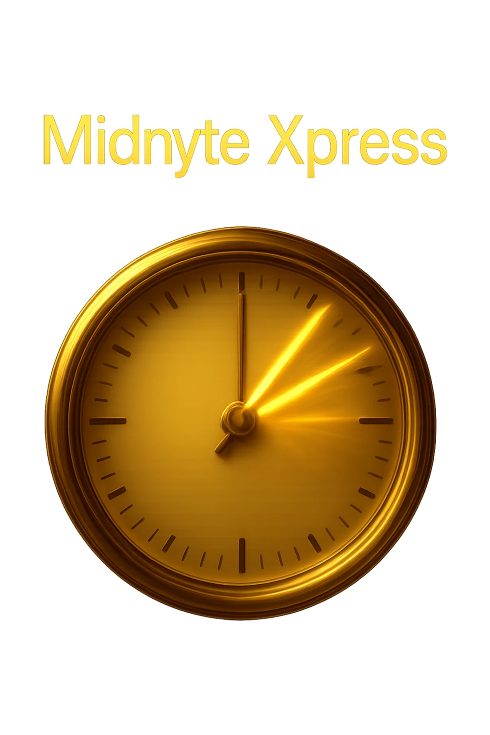 Add a sense of motion to the clock hands with motion blur or dynamic lines, while keeping the glowing effect and realistic style. The text 'Midnyte Xpress' should remain above. Maintain a transparent background. sticker