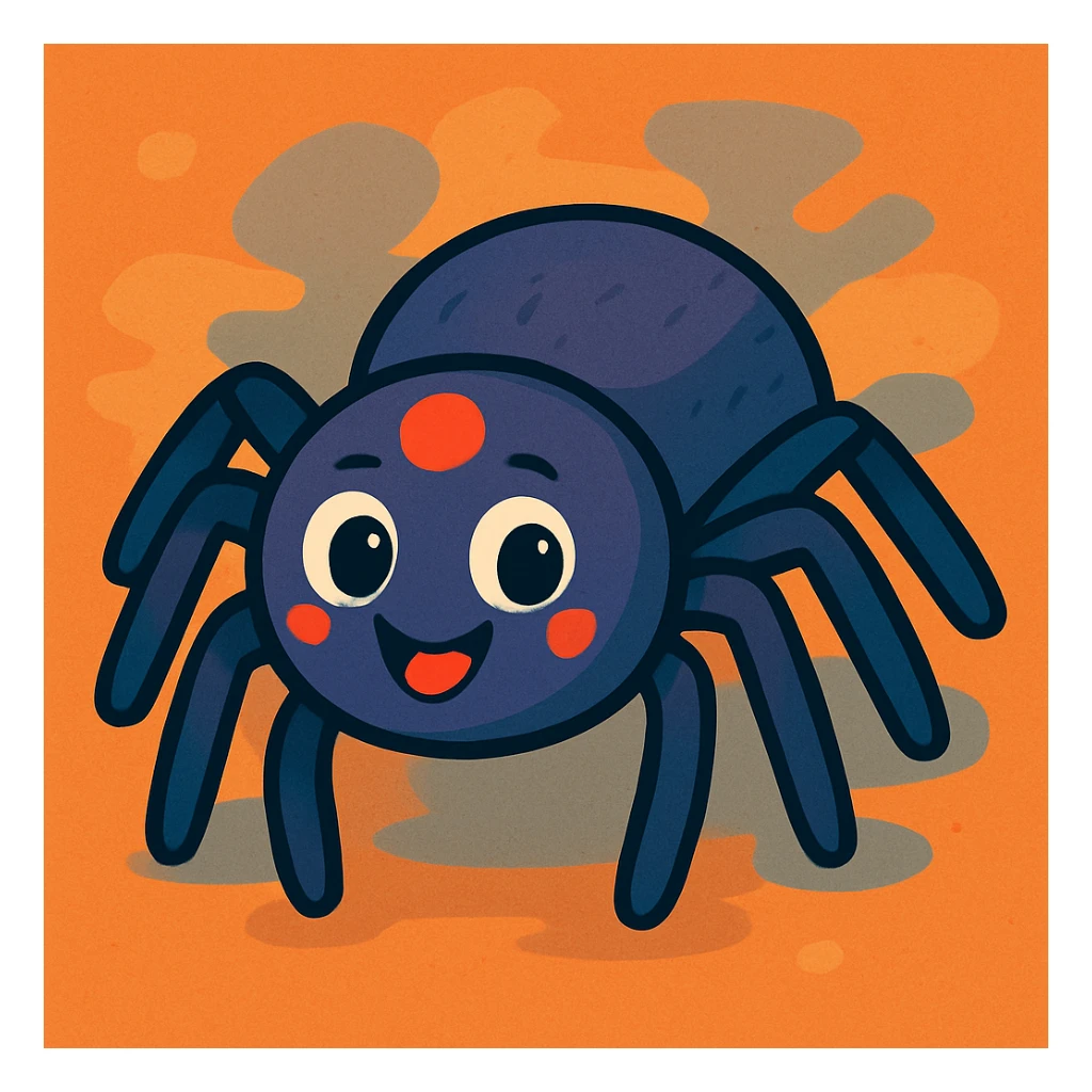 friendly cartoon style spider on an orange-gray background, slightly animated look sticker
