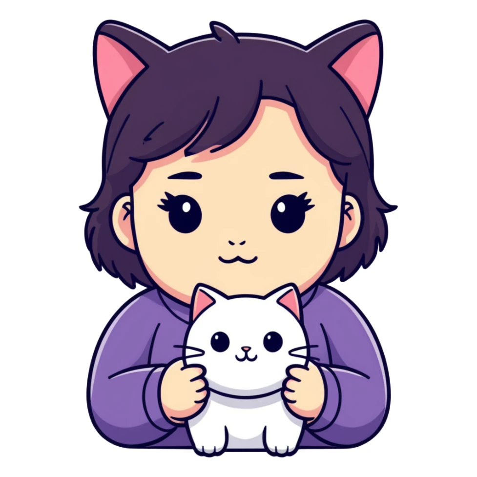 short chubby girl with a cat face sticker