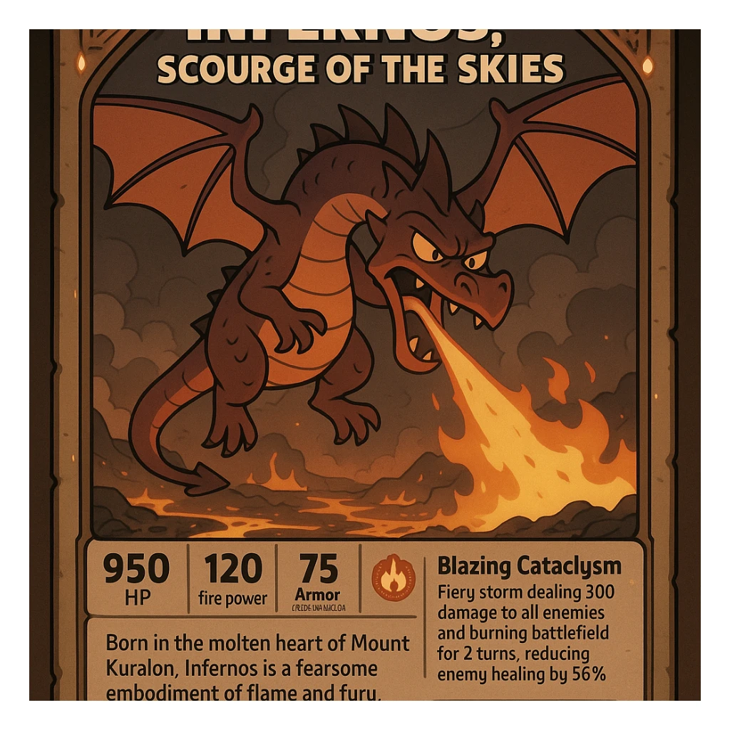 epic role-playing card featuring a legendary fire-breathing dragon named Infernos, Scourge of the Skies, ornate collectible design with glowing ember accents, ancient dragon runes, dramatic illustration of Infernos flying over a scorched battlefield with molten lava and smoke, card stats: 950 HP, 120 fire power, 75 armor reducing physical damage by 25%, special ability Blazing Cataclysm fiery storm dealing 300 damage to all enemies and burning battlefield for 2 turns reducing enemy healing by 50%, lore-rich description Born in the molten heart of Mount Kuralon, Infernos is a fearsome embodiment of flame and fury, whose roar shakes mountains and whose breath leaves nothing but ash sticker