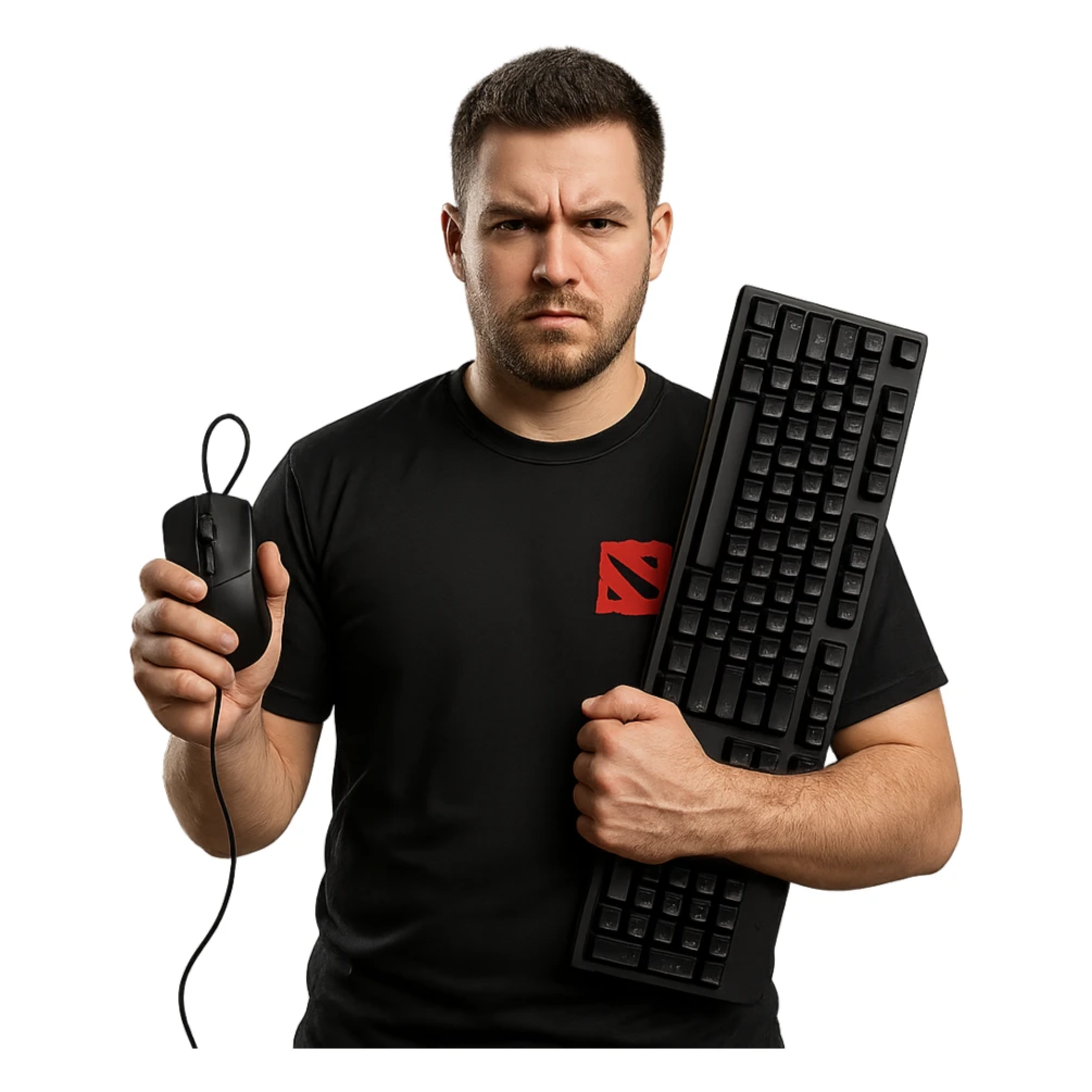 A tough-looking Dota 2 player with a serious expression, holding a mouse and keyboard sticker