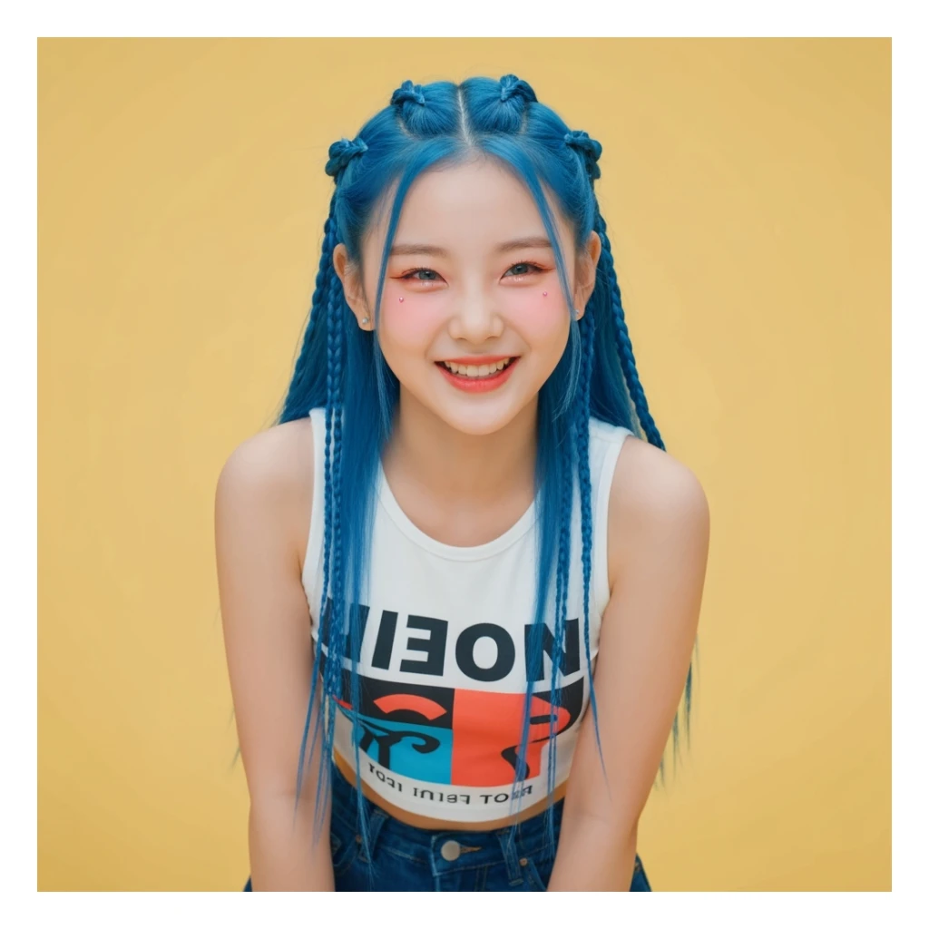 kpop girl with blue hair, cute, expressive, minimal sticker