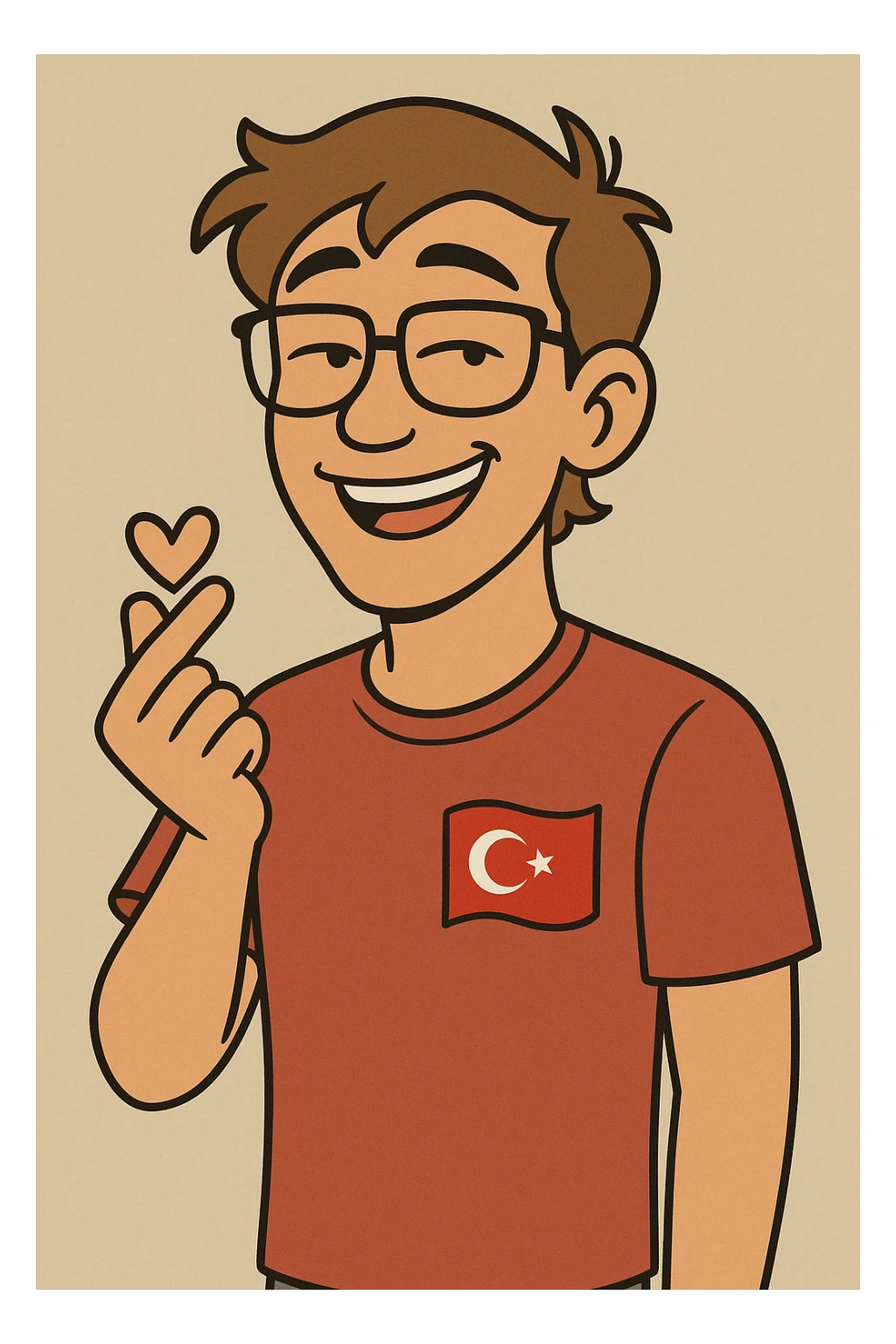 Turkish young man with slightly slanted eyes, wearing glasses, making a heart gesture with his hand, slightly tanned and light brown hair, cheerful facial expression, cartoon style sticker