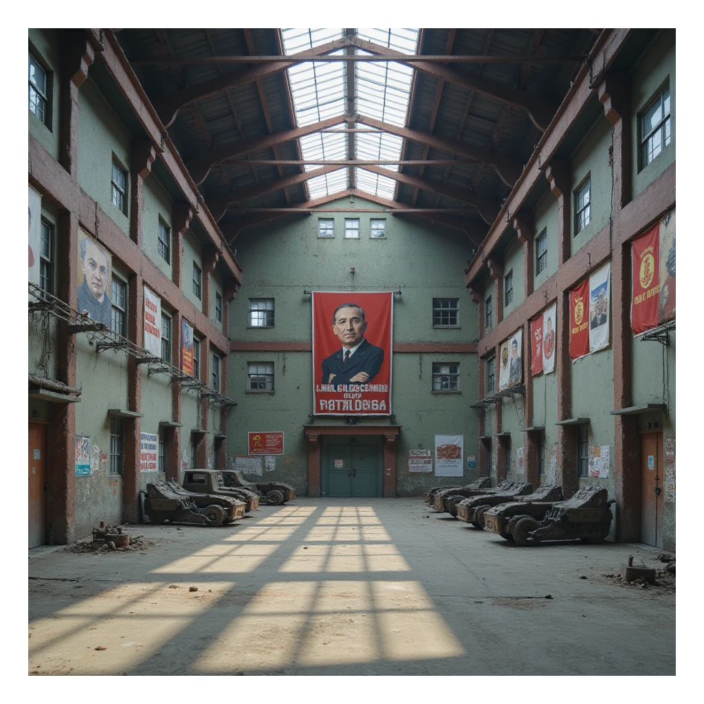 realistic Soviet heavy equipment plant building, assembly hall exterior, steel beams, propaganda posters, no people, no machinery outside sticker