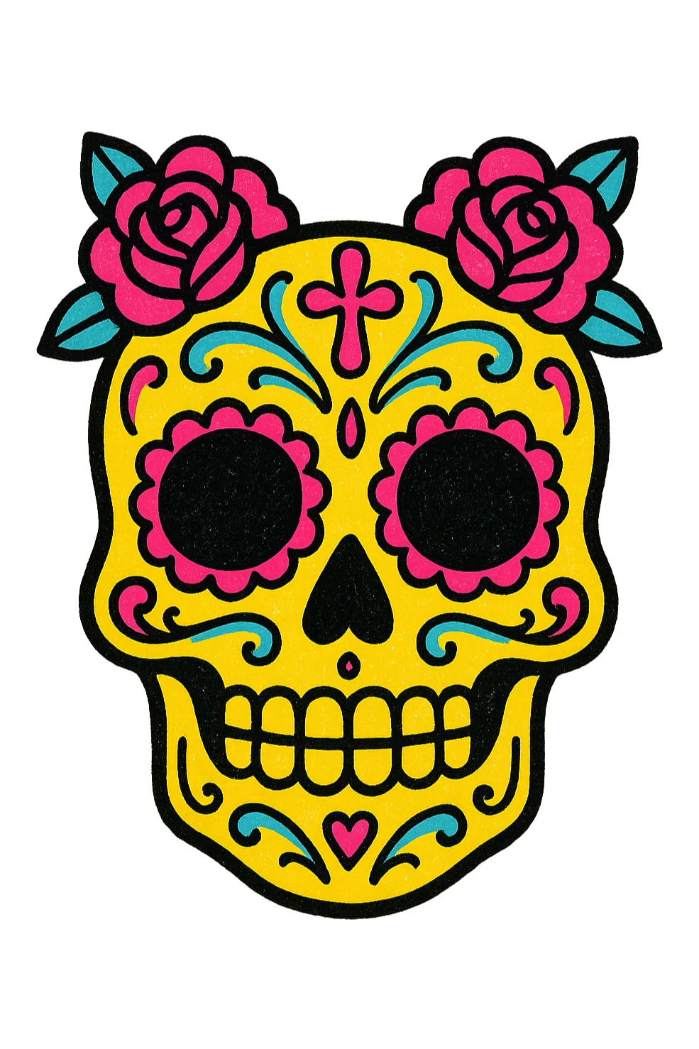 elegant sugar skull with intricate patterns and roses, traditional Mexican style sticker
