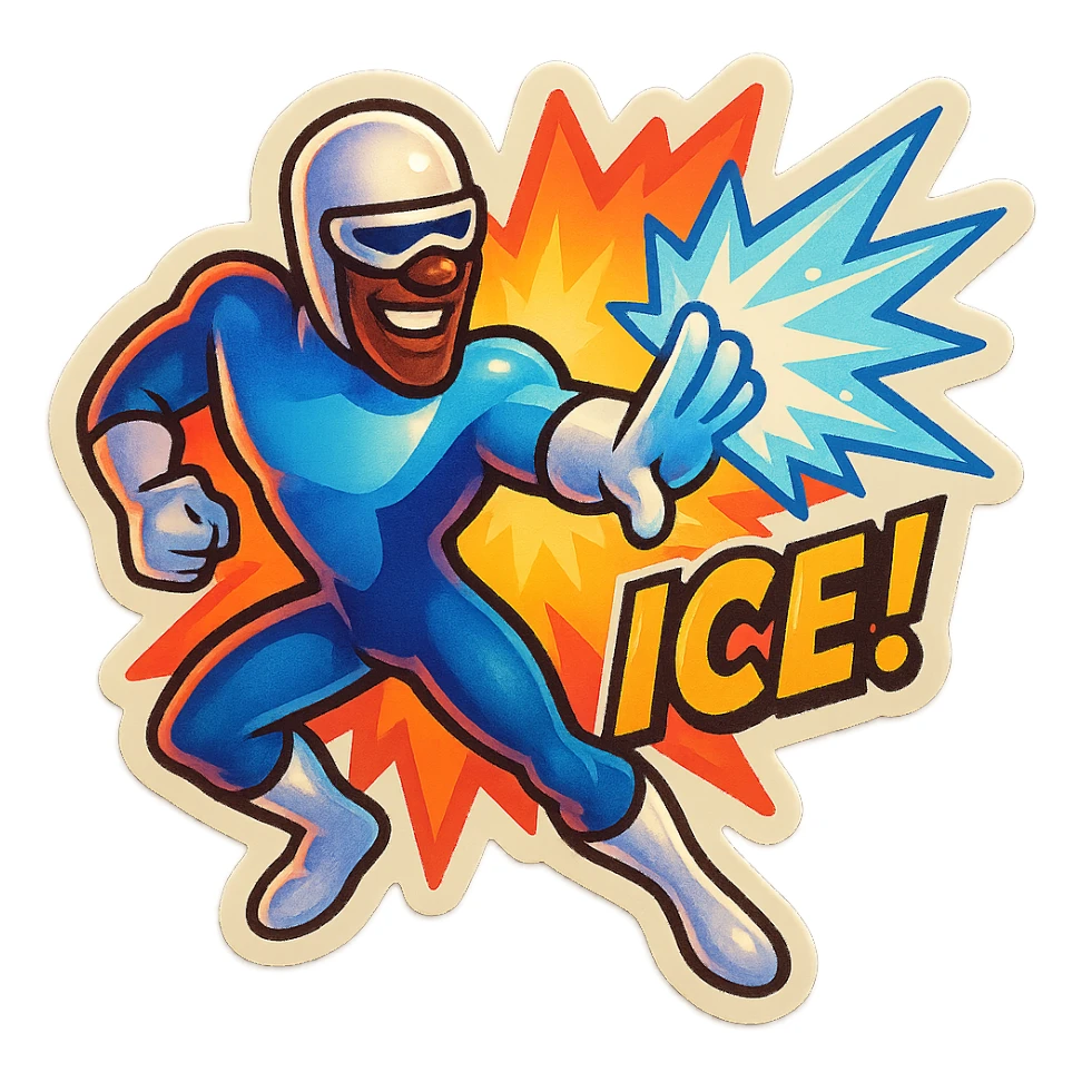 Original character inspired by Frozone, shooting ice, comic book flair, energetic background, retro stickers style sticker