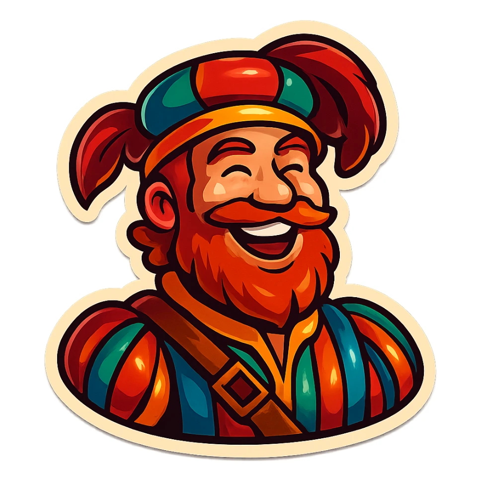 Red-bearded Landsknecht bust showing happiness sticker