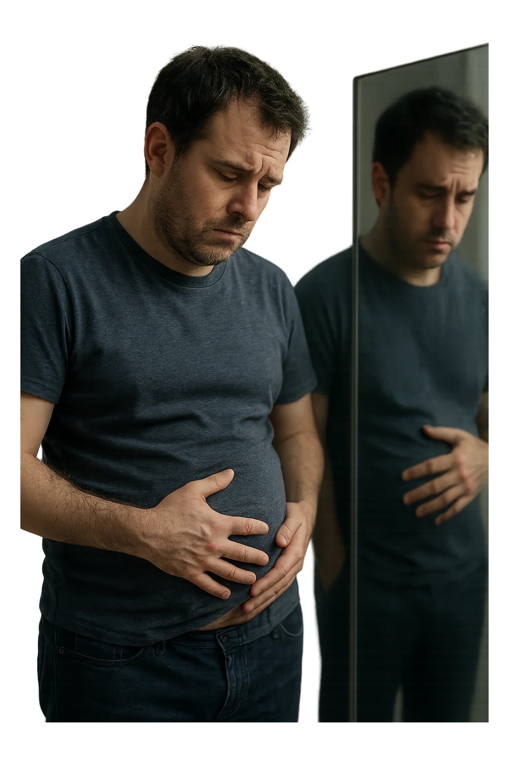 uomo che si guarda allo specchio triste mentre si tocca la pancia, pensieroso, iperrealistico 4k sticker