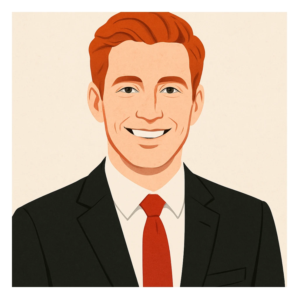 red-haired man in a black suit with a red tie, smiling at the camera, clean modern illustration style sticker