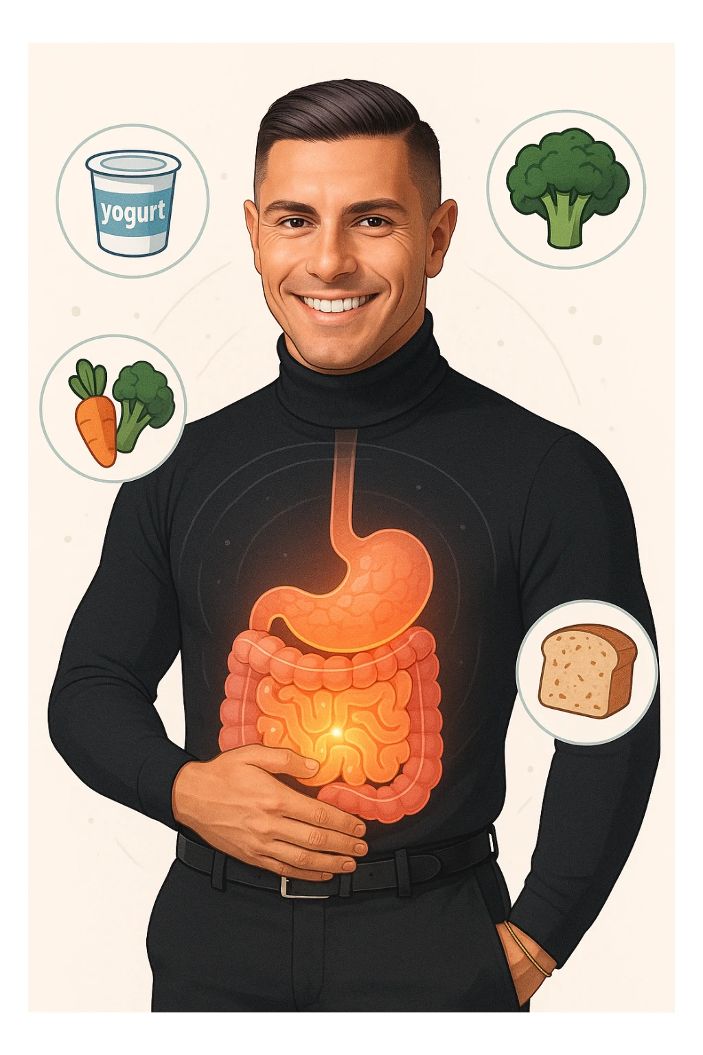 a fit, smiling man stands confidently with one hand on his abdomen. A transparent overlay reveals a healthy, detailed digestive tract with a glowing, vibrant intestine. Around him, icons of healthy foods like yogurt, vegetables, and whole grains float, symbolizing good gut health. The background is clean and bright, with an educational mood. sticker