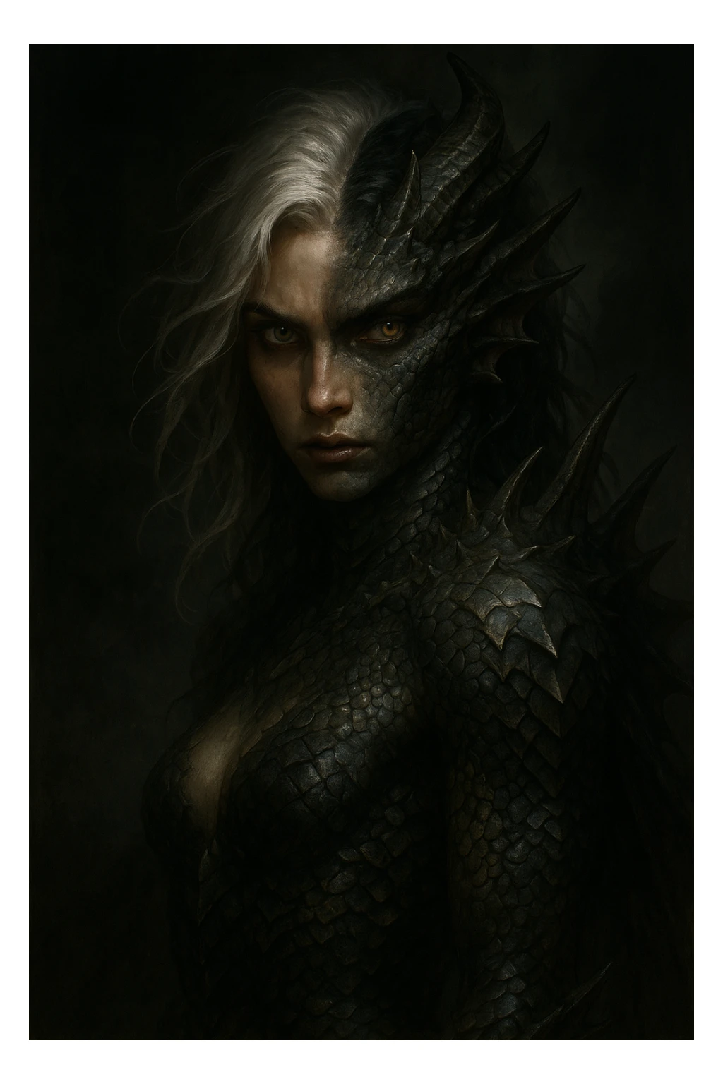 half human, half dragon character with silver hair and black roots, dramatic lighting, fantasy style, detailed sticker