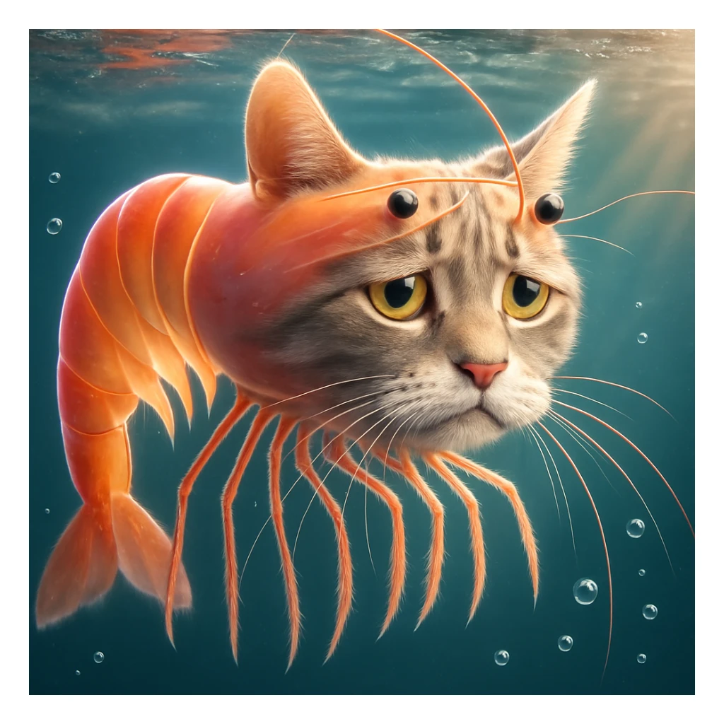 Change the expression of the cat-shrimp creature to sad, keeping all other details and colors the same, in a style consistent with the original image. sticker