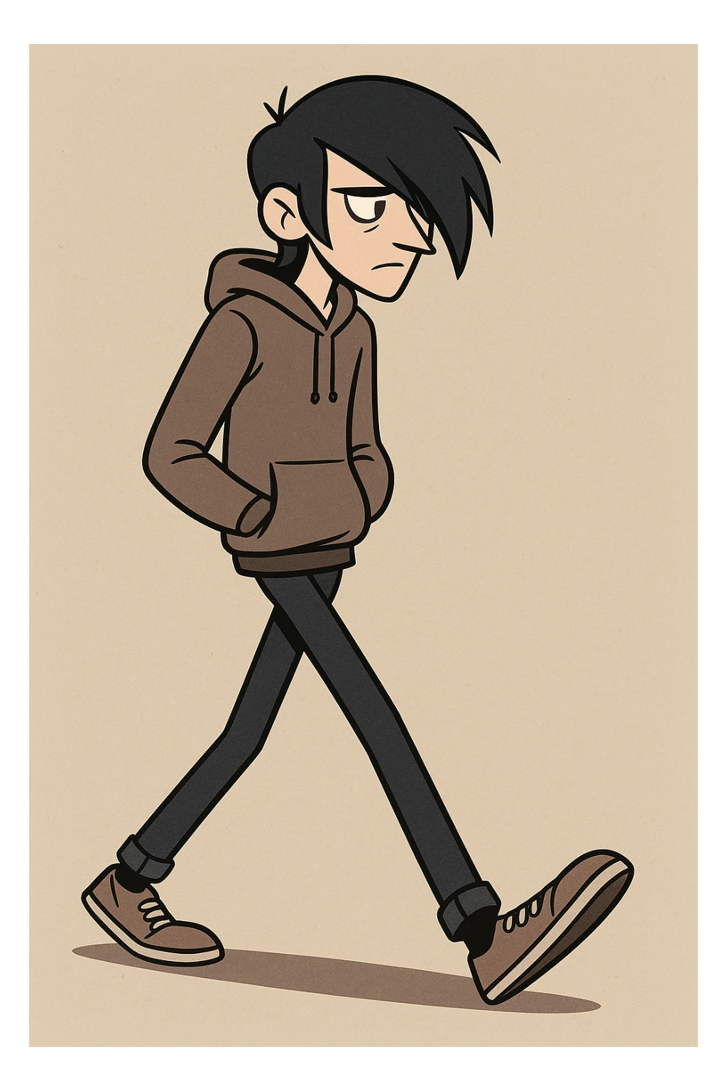 tall thin man with side-swept black emo hair walking with hands in pockets, casual clothes, stylized, flat toon style, moody vibe sticker
