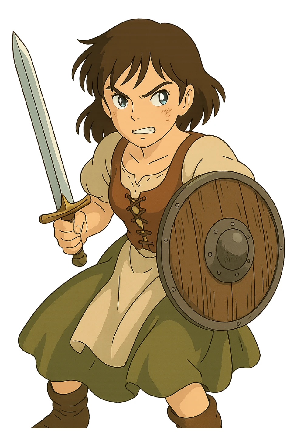 a warrior maiden with a sword and shield, common tavern clothing, eye gleam, defense stance, repose sticker