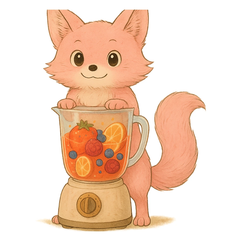 Expand and regenerate the image as a fully visible, full-body Ghibli-style pastel pink blender fox. Show the entire fox from head to toe, including all four paws, the full blender base, and tail clearly visible. Maintain a high-quality, detailed, joyful look with a transparent body filled with vibrant fruity smoothie, sparkling expressive eyes, and a sweet, joyful expression. Transparent background. sticker