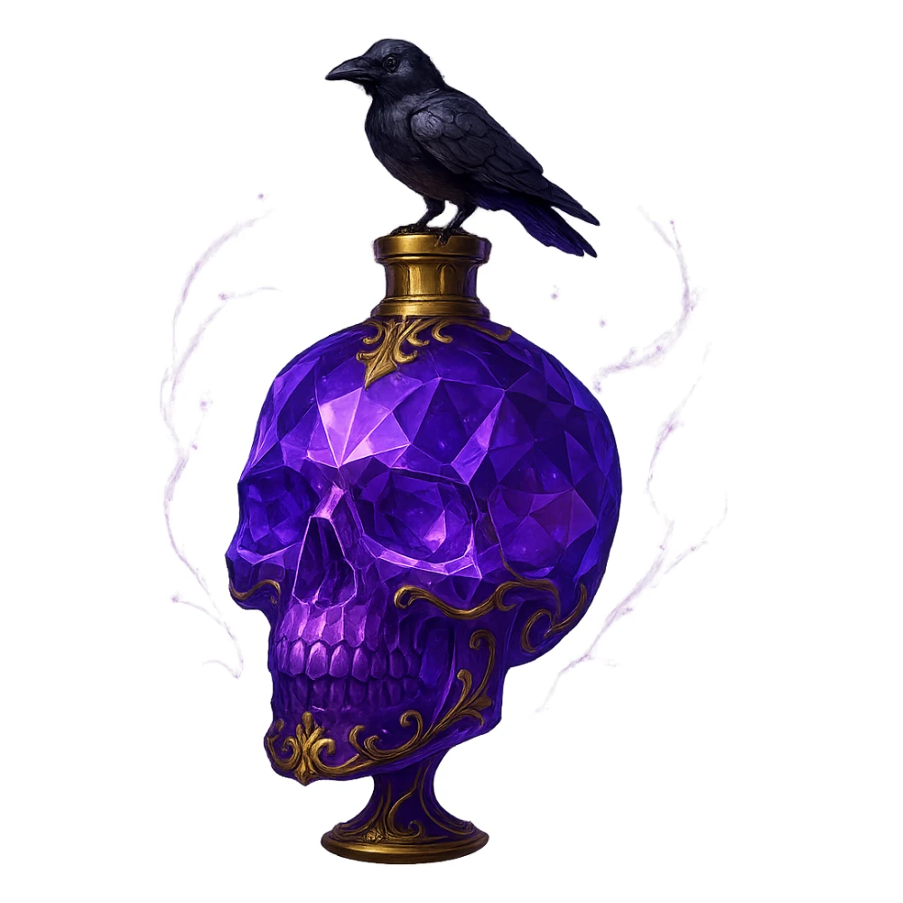 very luxurious, crystal, skull-shaped elixir bottle, violet, lots of glowing, facets, ornaments, golden details, magical effects, very small golden neck, transparent background, beautiful connected base, clearly floating in the air, no base or shadow, small crow on top, premium class, matching the collection sticker