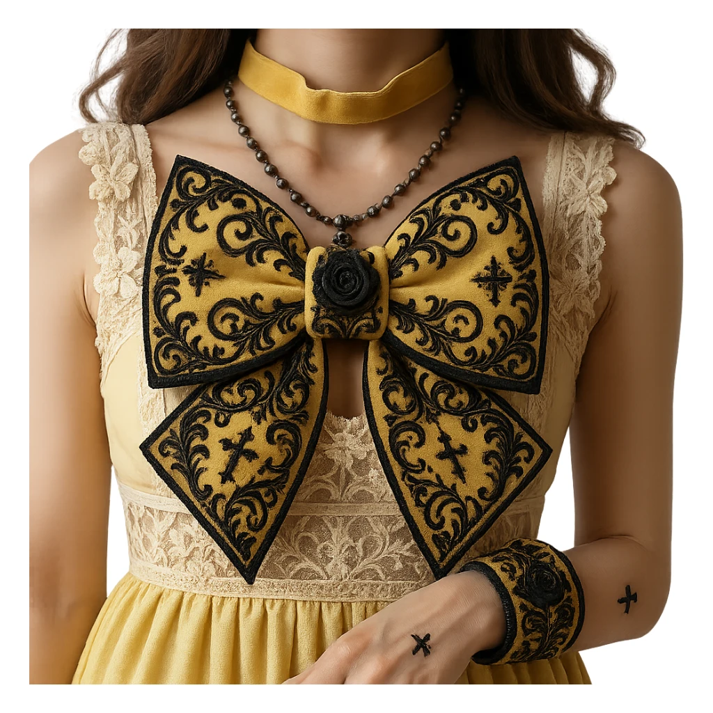 Add more gothic details such as ornate filigree, small black roses, and subtle cross motifs to the pastel yellow gothic bow and matching bracelet. Keep lace and velvet details. Photorealistic style. Keep background transparent if possible. sticker