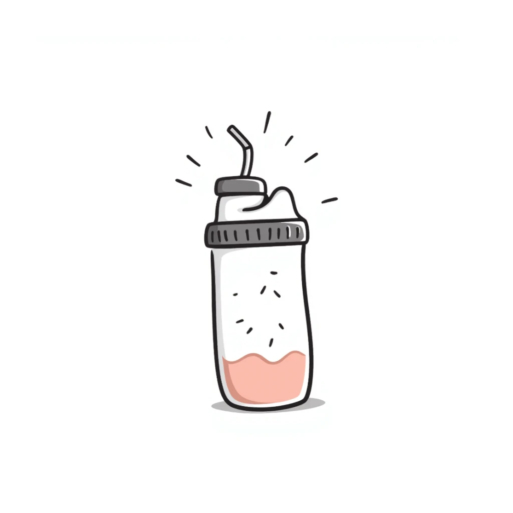 A protein shake in a shaker bottle with details in pastel colors (dd9fb0, ffc6d3, a3bfc9, c4bee2, f1b091), hand-drawn doodle style sticker