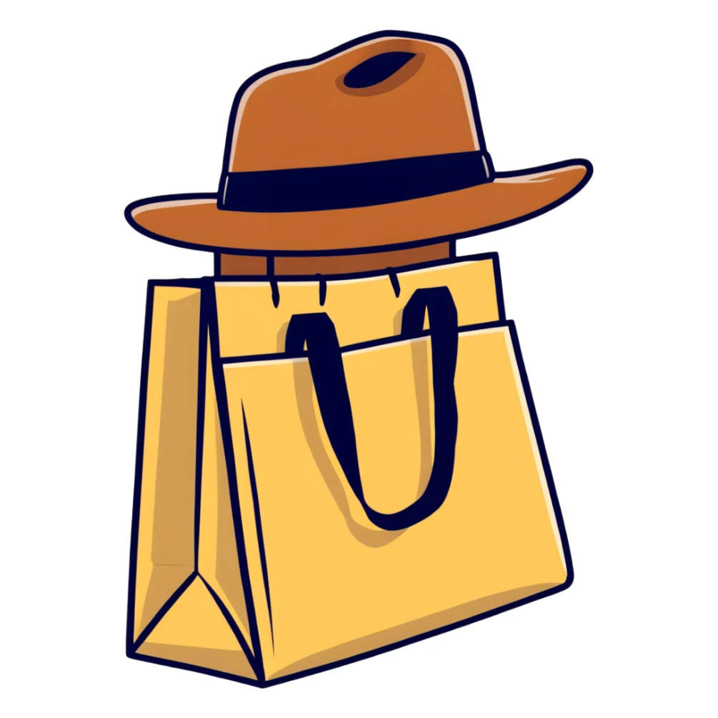 shopping bag with an Indiana Jones hat on top sticker