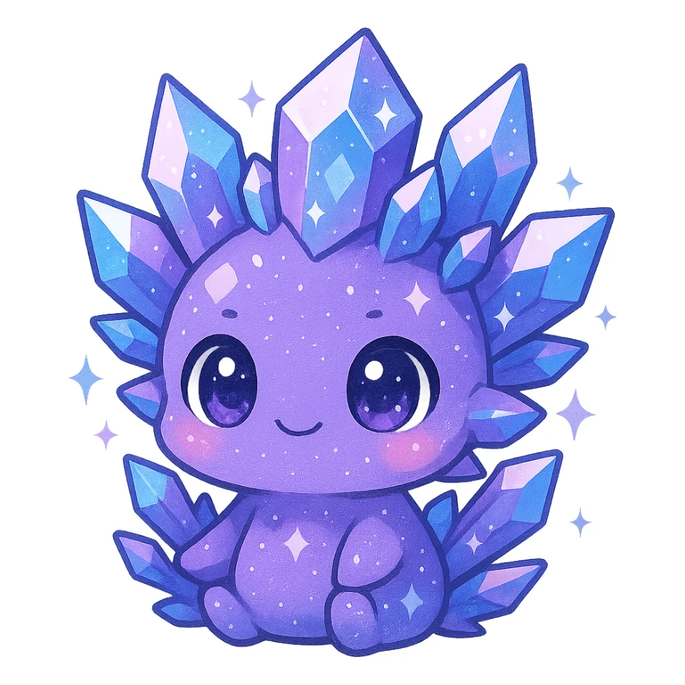 kawaii chibi crystal sprite creature, mostly purple with blue and pink accents, big eyes, sparkly, chibi proportions, cute face sticker