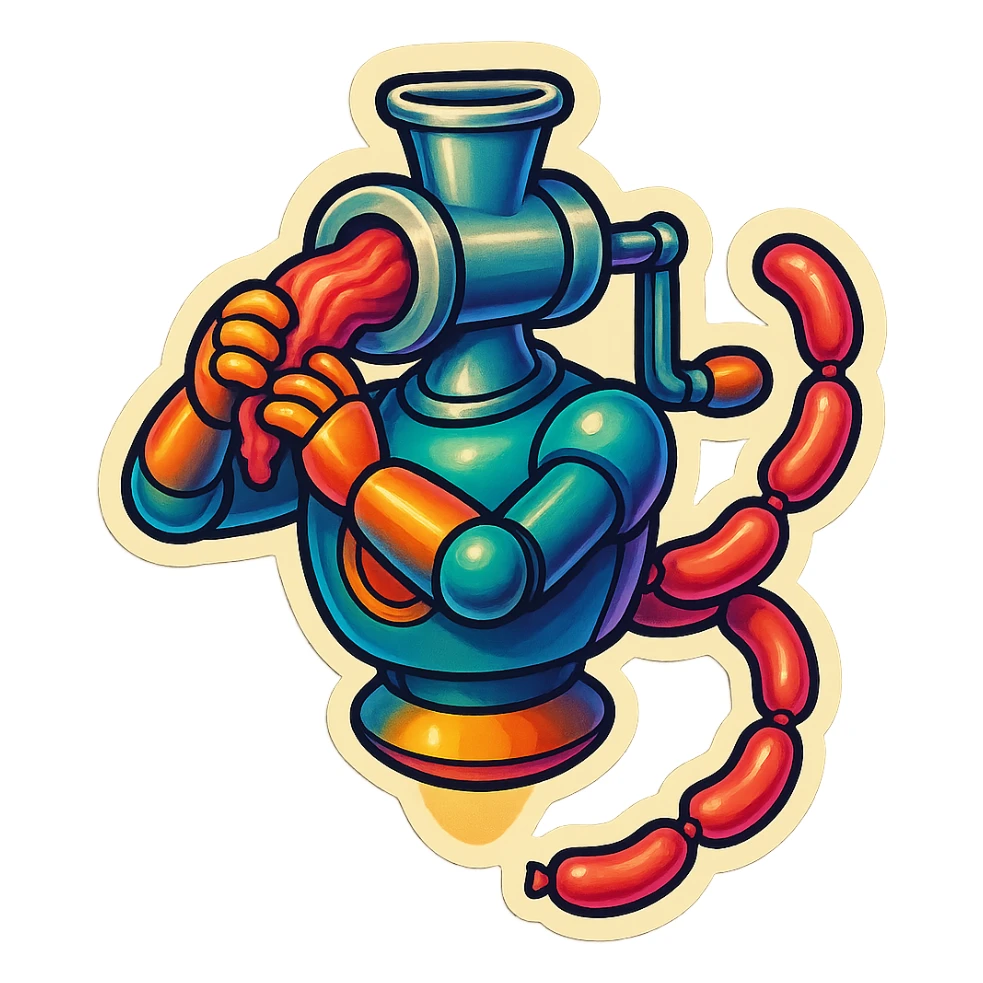 a robot that has a large meat grinder for a head. 2 arms that stuff meat into its meat hole. meat is processed and sausage links come out of the rear. The robot doesnt have legs it hovers.style is not lifelike. sticker or emoji style. robot feeds itself meat sticker