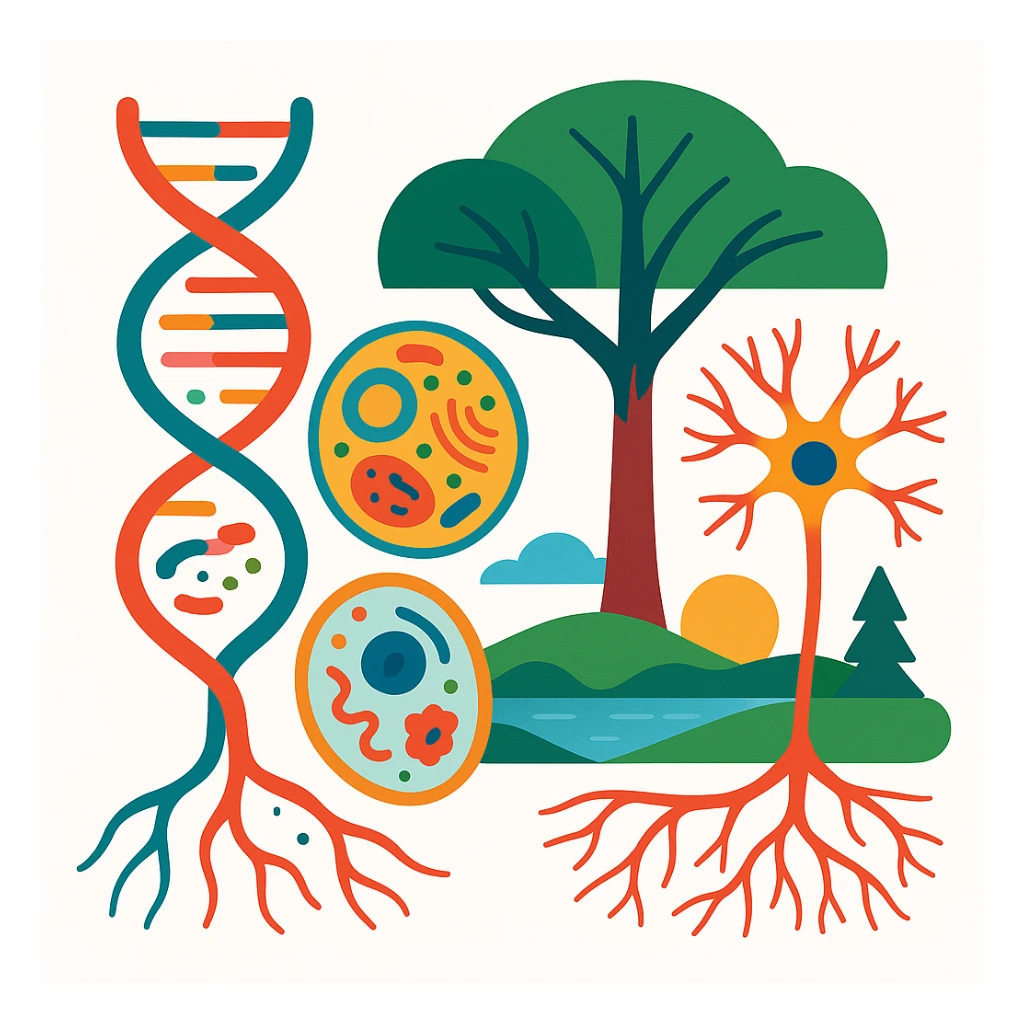 A realistic biological illustration (like in a school book) showing: DNA strands transitioning into a tree, cells with visible organelles, neurons connected to plant roots  and a balanced ecosystem background . Seamless integration, no labels or borders, complete white background (not off white!), detailed but minimalist.  sticker