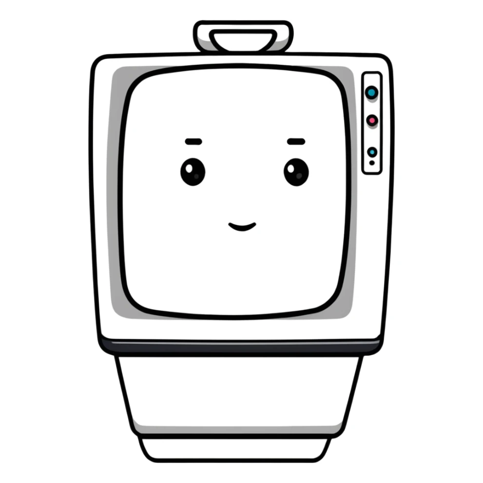 Thick feminine figure with TV screen head, digital face displayed on screen sticker