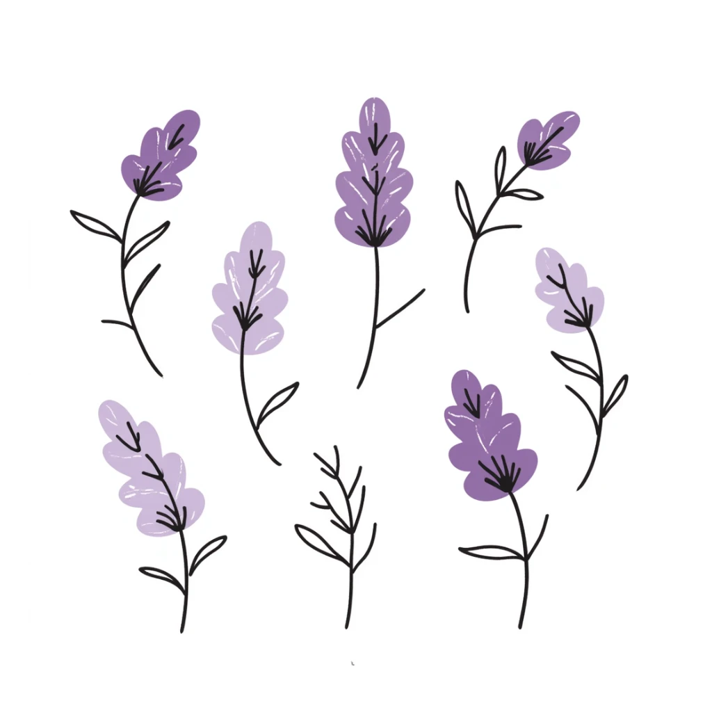 Lilac flowers with branches and leaves in pastel colors (dd9fb0, ffc6d3, a3bfc9, c4bee2, f1b091), hand-drawn doodle style sticker