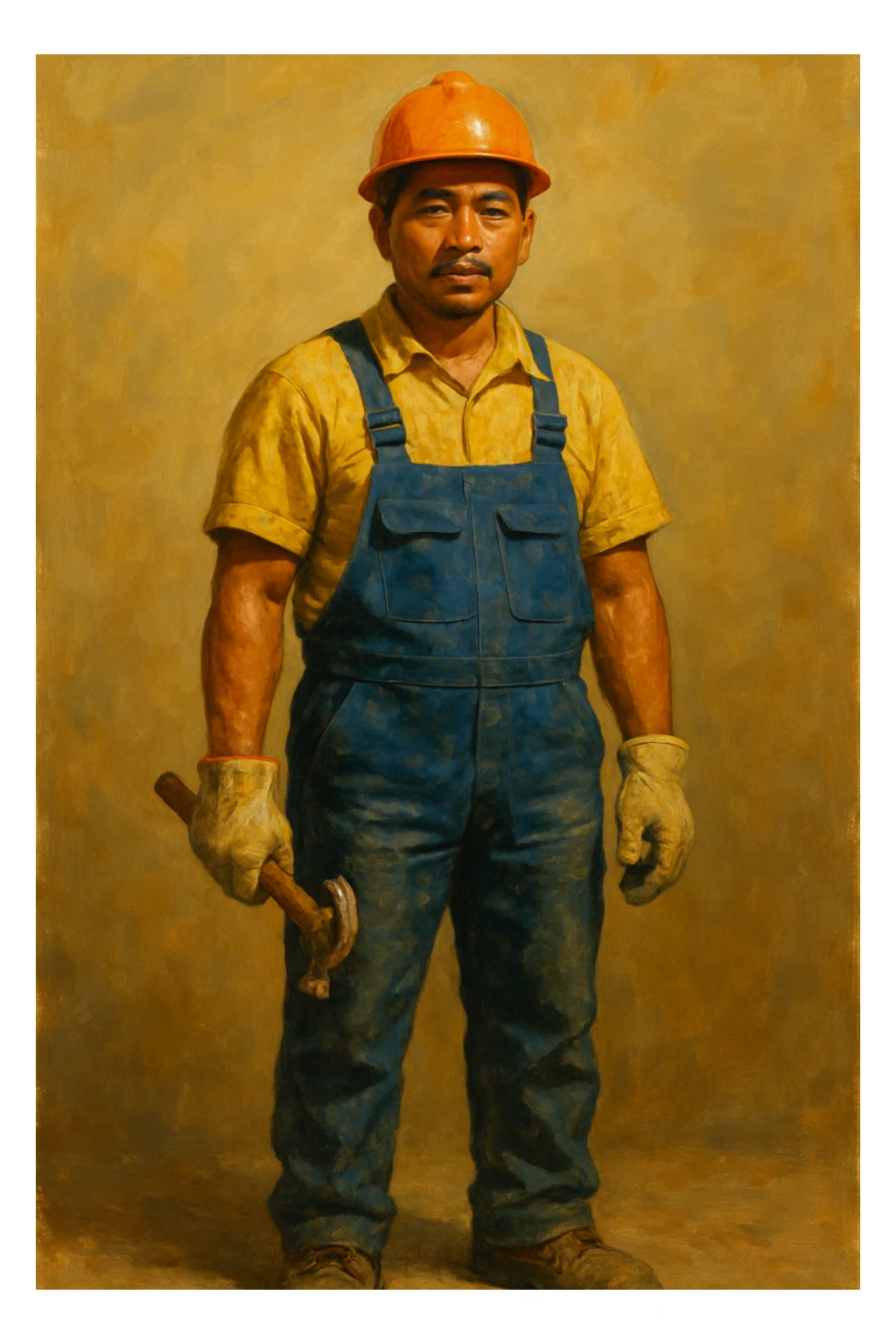 Сгенерируй мне в стиле реалистичной, яркой живописи строителя в каске внешности индонезиата, азиата. На однородном фоне. В полный рост sticker