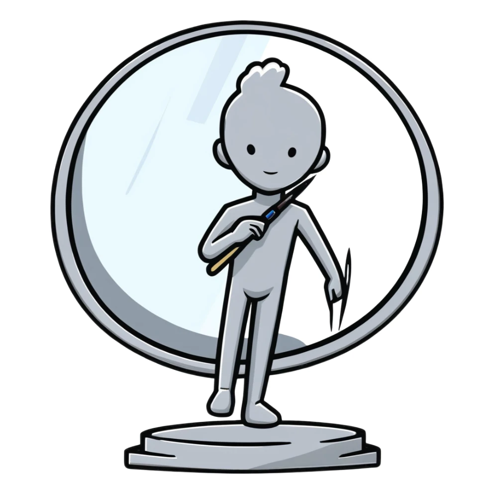 A paintbrush transforming into a silver human silhouette sculpture emblem, symbol of artistic identity, with a mirror-like silver metallic finish sticker