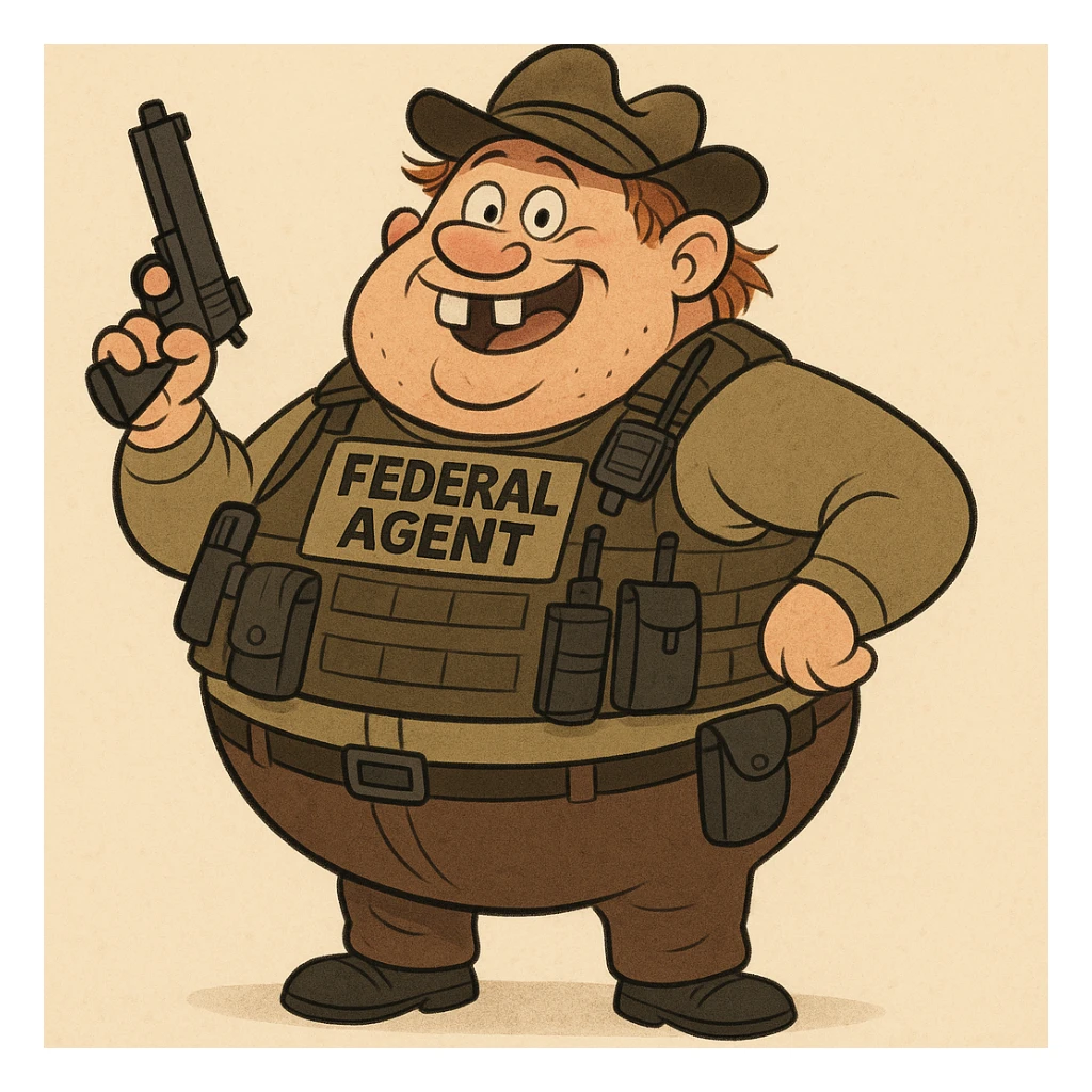 A large, round federal agent wearing a snug tactical vest, loaded with gear, with buck teeth and a silly hillbilly look, cartoonish style sticker