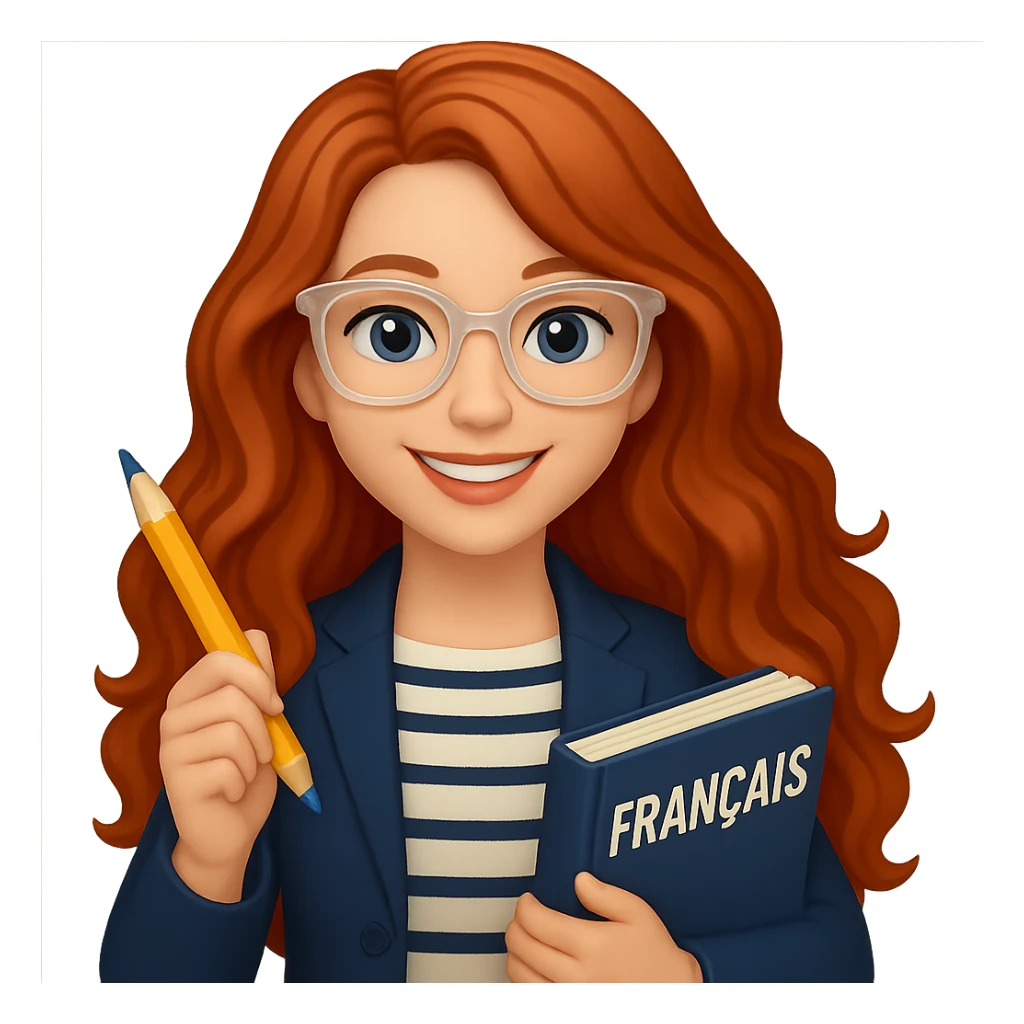 Make her hair even longer and wavier, and make her glasses clear-framed. Keep her as a French teacher in a casual chic outfit, holding a pencil and a French textbook, smiling. The style should resemble emoji style. Remove the background. sticker